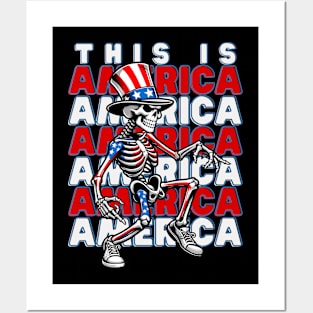 Funny Skeleton Dancing Celebrate the America Independent Day Posters and Art